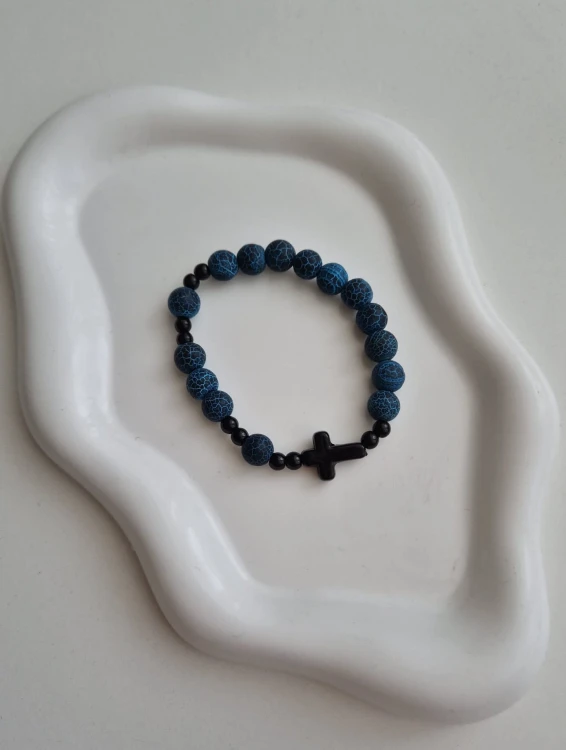 Bransoletka różaniec ROSARY RAVEN z kamieni naturalnych - niebieski agat i czarny onyks