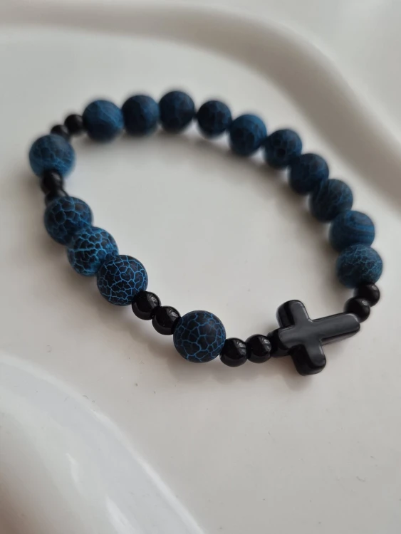 Bransoletka różaniec ROSARY RAVEN z kamieni naturalnych - niebieski agat i czarny onyks