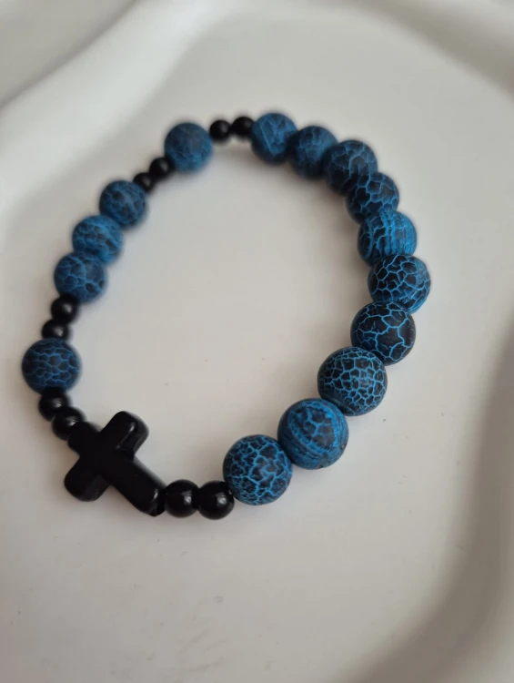 Bransoletka różaniec ROSARY RAVEN z kamieni naturalnych - niebieski agat i czarny onyks