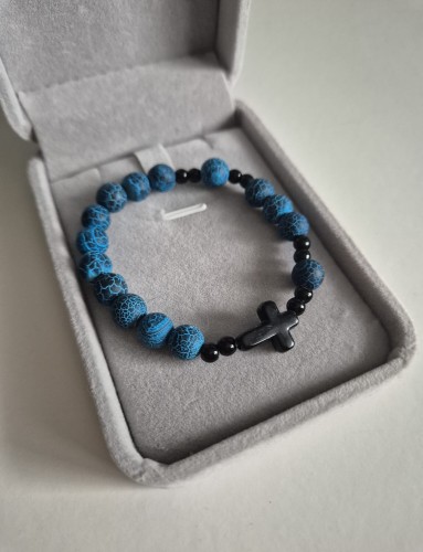 Bransoletka różaniec ROSARY RAVEN z kamieni naturalnych - niebieski agat i czarny onyks