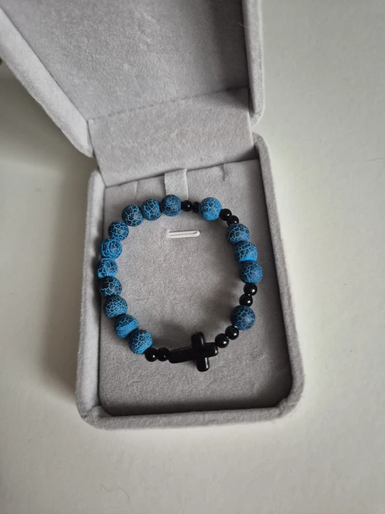 Bransoletka różaniec ROSARY RAVEN z kamieni naturalnych - niebieski agat i czarny onyks