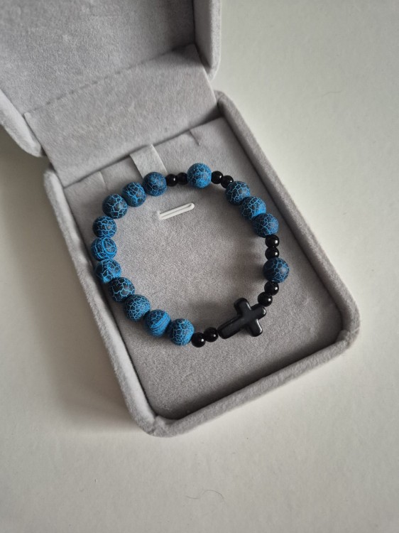 Bransoletka różaniec ROSARY RAVEN z kamieni naturalnych - niebieski agat i czarny onyks